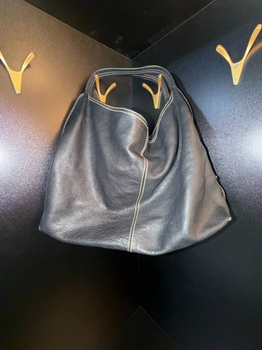 Coldwater Creek Black Pebbled Leather Oversized Hobo Tote Shoulder Bag